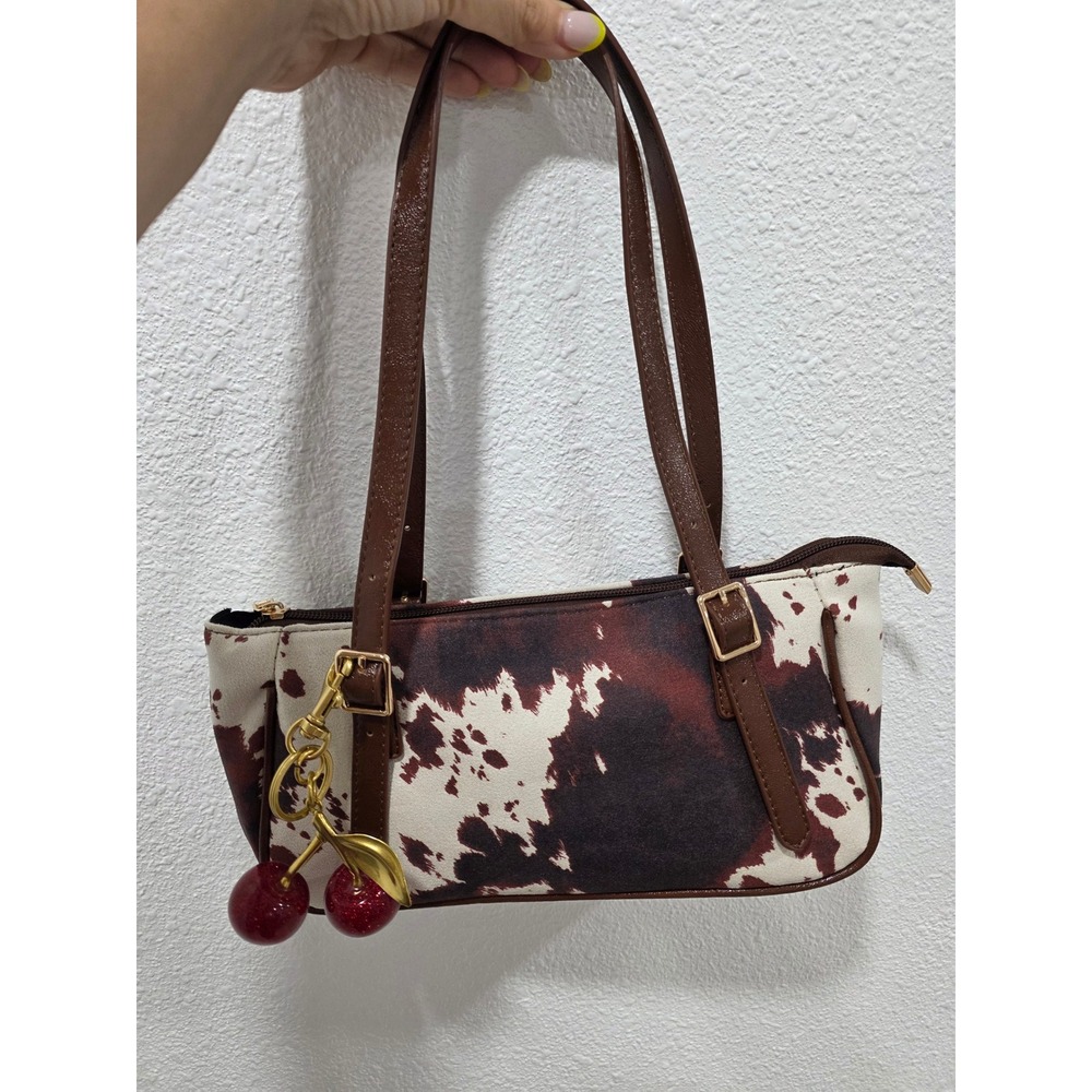 Cow Print Baguette Shoulder Bag Brown White Animal Print with‎ Cherry Charm Y2K